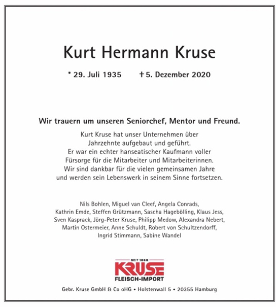 Traueranzeige von Kurt Hermann Kruse von Hamburger Tageszeitungen und Anzeigenblättern der FUNKE Mediengruppe