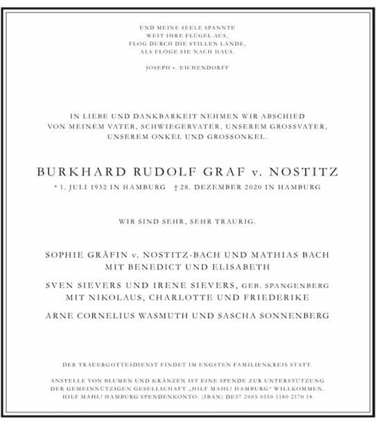 Traueranzeige von Burkhard Rudolf Graf v. Nostitz von Hamburger Tageszeitungen und Anzeigenblättern der FUNKE Mediengruppe