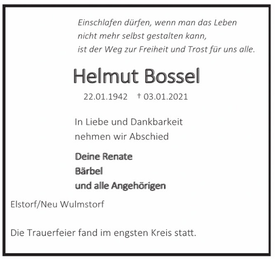 Traueranzeige von Helmut Bossel von Hamburger Tageszeitungen und Anzeigenblättern der FUNKE Mediengruppe