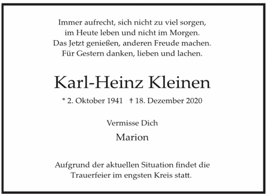 Traueranzeige von Karl-Heinz Kleinen von Hamburger Tageszeitungen und Anzeigenblättern der FUNKE Mediengruppe