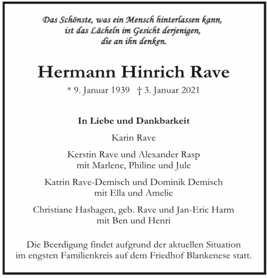 Traueranzeige von Hermann Hinrich Rave von Hamburger Tageszeitungen und Anzeigenblättern der FUNKE Mediengruppe