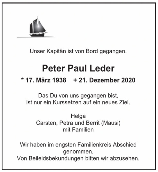 Traueranzeige von Peter Paul Leder von Hamburger Tageszeitungen und Anzeigenblättern der FUNKE Mediengruppe