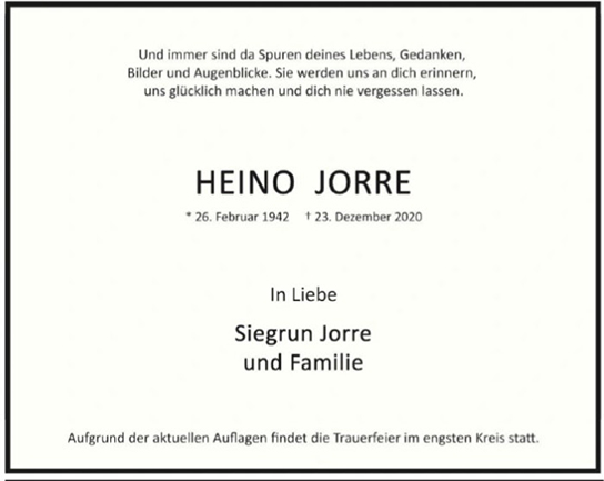 Traueranzeige von Heino Jorre von Hamburger Tageszeitungen und Anzeigenblättern der FUNKE Mediengruppe