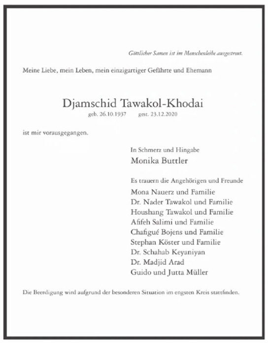 Traueranzeige von Djamschid Tawakol-Khodai von Hamburger Tageszeitungen und Anzeigenblättern der FUNKE Mediengruppe