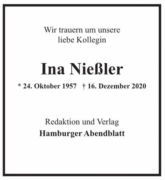 Traueranzeige von Ina Nießler von Hamburger Tageszeitungen und Anzeigenblättern der FUNKE Mediengruppe