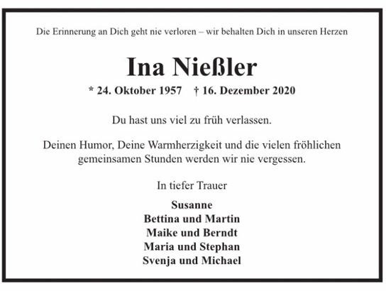 Traueranzeige von Ina Nießler von Hamburger Tageszeitungen und Anzeigenblättern der FUNKE Mediengruppe