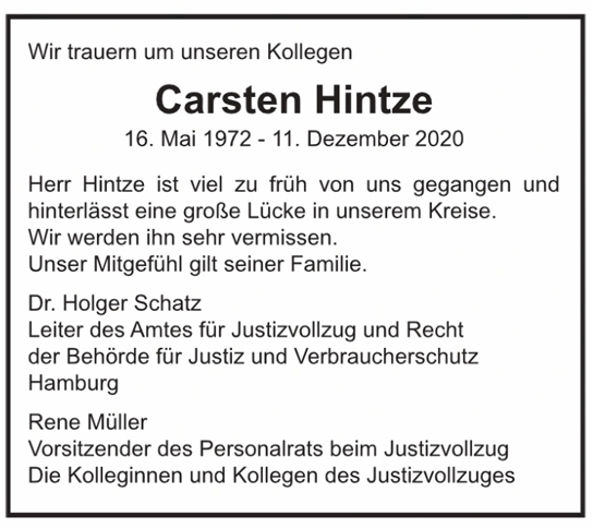 Traueranzeige von Carsten Hintze von Hamburger Tageszeitungen und Anzeigenblättern der FUNKE Mediengruppe
