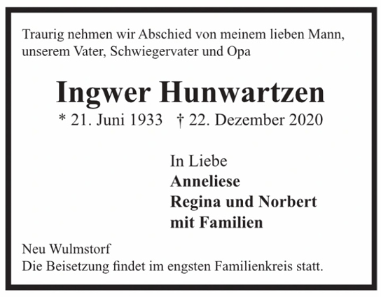 Traueranzeige von Ingwer Hunwartzen von Hamburger Tageszeitungen und Anzeigenblättern der FUNKE Mediengruppe