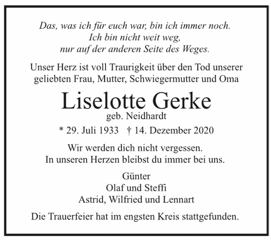 Traueranzeige von Liselotte Gerke von Hamburger Tageszeitungen und Anzeigenblättern der FUNKE Mediengruppe