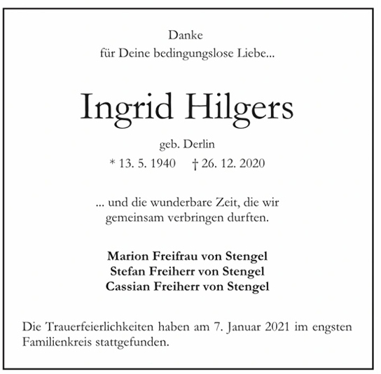 Traueranzeige von Ingrid Hilgers von Hamburger Tageszeitungen und Anzeigenblättern der FUNKE Mediengruppe