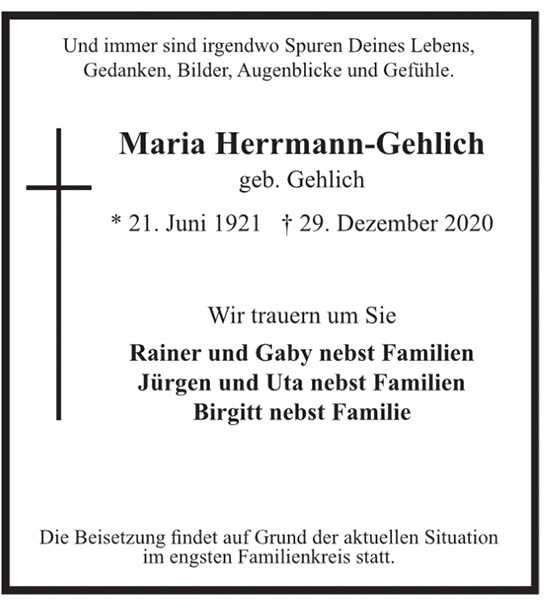 Traueranzeige von Maria Herrmann-Gehlich von Hamburger Tageszeitungen und Anzeigenblättern der FUNKE Mediengruppe