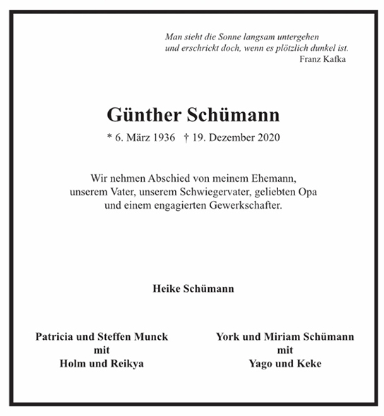 Traueranzeige von Günther Schümann von Hamburger Tageszeitungen und Anzeigenblättern der FUNKE Mediengruppe