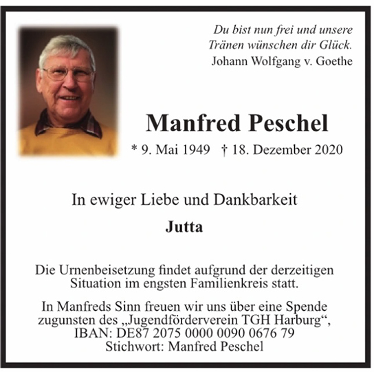 Traueranzeige von Manfred Peschel von Hamburger Tageszeitungen und Anzeigenblättern der FUNKE Mediengruppe