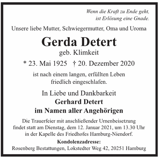 Traueranzeige von Gerda Detert von Hamburger Tageszeitungen und Anzeigenblättern der FUNKE Mediengruppe