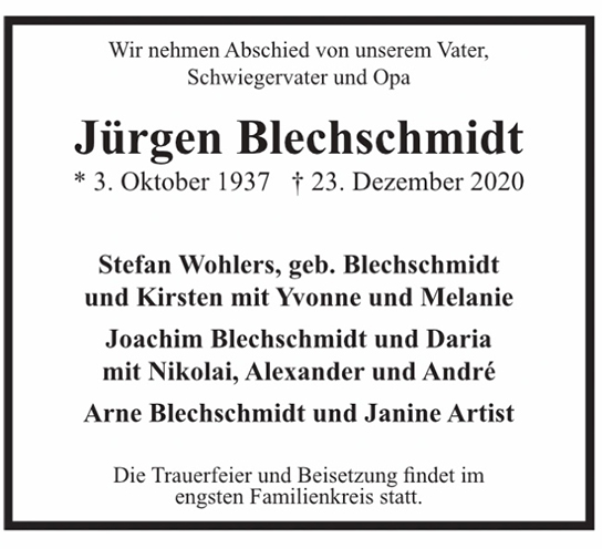 Traueranzeige von Jürgen Blechschmidt von Hamburger Tageszeitungen und Anzeigenblättern der FUNKE Mediengruppe