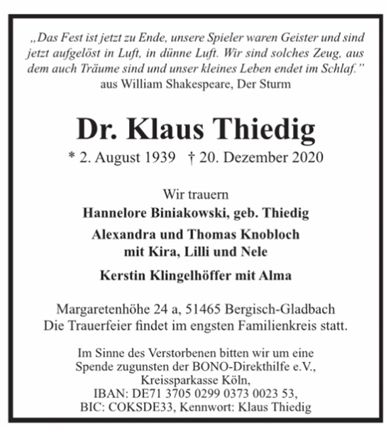 Traueranzeige von Klaus Thiedig von Hamburger Tageszeitungen und Anzeigenblättern der FUNKE Mediengruppe