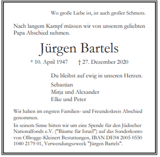 Traueranzeige von Jürgen Bartels von Hamburger Tageszeitungen und Anzeigenblättern der FUNKE Mediengruppe