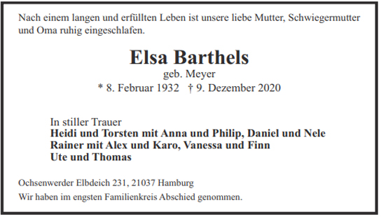 Traueranzeige von Elsa Barthels von Hamburger Tageszeitungen und Anzeigenblättern der FUNKE Mediengruppe