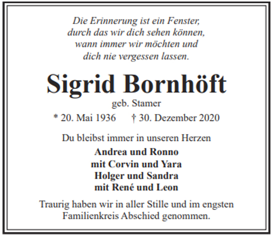 Traueranzeige von Sigrid Bornhöft von Hamburger Tageszeitungen und Anzeigenblättern der FUNKE Mediengruppe