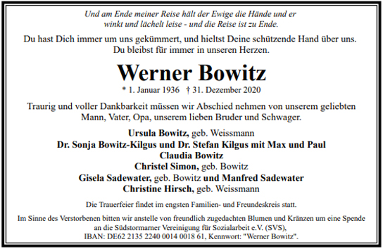 Traueranzeige von Werner Bowitz von Hamburger Tageszeitungen und Anzeigenblättern der FUNKE Mediengruppe