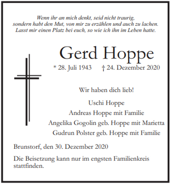 Traueranzeige von Gerd Hoppe von Hamburger Tageszeitungen und Anzeigenblättern der FUNKE Mediengruppe