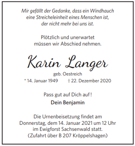 Traueranzeige von Karin Langer von Hamburger Tageszeitungen und Anzeigenblättern der FUNKE Mediengruppe