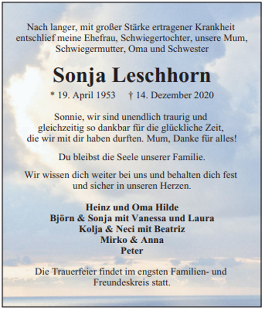 Traueranzeige von Sonja Leschhorn von Hamburger Tageszeitungen und Anzeigenblättern der FUNKE Mediengruppe