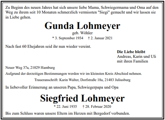 Traueranzeige von Gunda Lohmeyer von Hamburger Tageszeitungen und Anzeigenblättern der FUNKE Mediengruppe