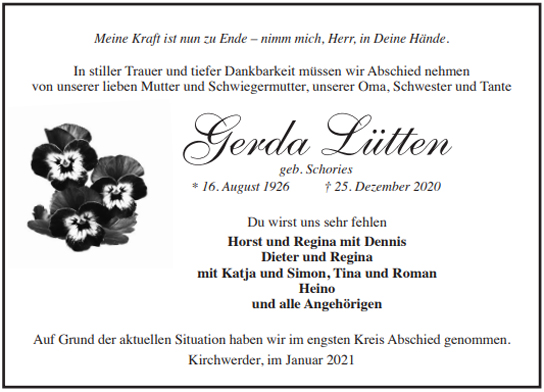Traueranzeige von Gerda Lütten von Hamburger Tageszeitungen und Anzeigenblättern der FUNKE Mediengruppe