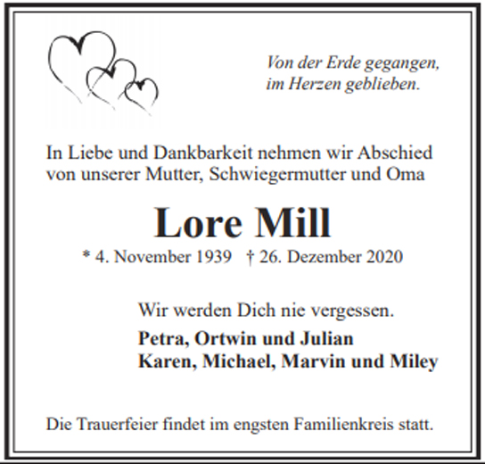 Traueranzeige von Lore Mill von Hamburger Tageszeitungen und Anzeigenblättern der FUNKE Mediengruppe