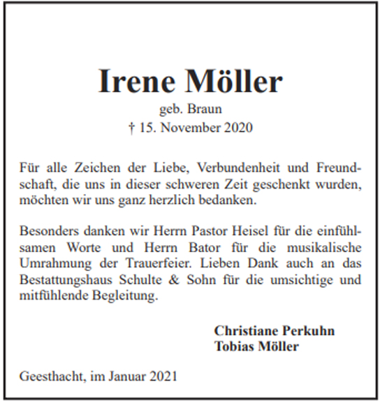 Traueranzeige von Irene Möller von Hamburger Tageszeitungen und Anzeigenblättern der FUNKE Mediengruppe