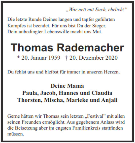 Traueranzeige von Thomas Rademacher von Hamburger Tageszeitungen und Anzeigenblättern der FUNKE Mediengruppe