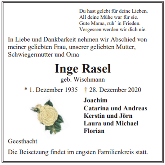 Traueranzeige von Inge Rasel von Hamburger Tageszeitungen und Anzeigenblättern der FUNKE Mediengruppe