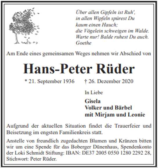 Traueranzeige von Hans-Peter Rüder von Hamburger Tageszeitungen und Anzeigenblättern der FUNKE Mediengruppe