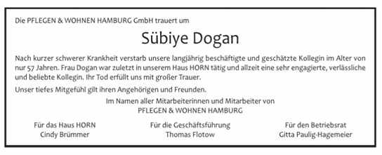 Traueranzeige von Sübiye Dogan von Hamburger Tageszeitungen und Anzeigenblättern der FUNKE Mediengruppe