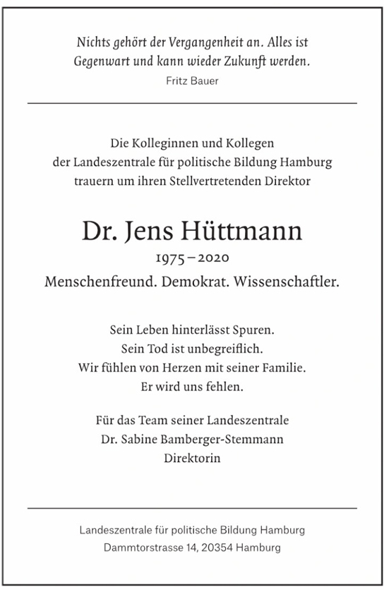 Traueranzeige von Jens Hüttmann von Hamburger Tageszeitungen und Anzeigenblättern der FUNKE Mediengruppe