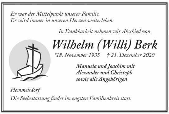 Traueranzeige von Wilhelm Willi Berk von Hamburger Tageszeitungen und Anzeigenblättern der FUNKE Mediengruppe