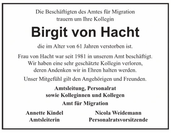 Traueranzeige von Birgit von Hacht von Hamburger Tageszeitungen und Anzeigenblättern der FUNKE Mediengruppe