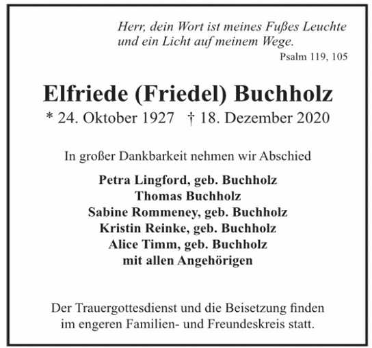 Traueranzeige von Elfriede Friedel Buchholz von Hamburger Tageszeitungen und Anzeigenblättern der FUNKE Mediengruppe