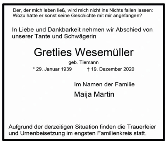 Traueranzeige von Gretlies Wesemüller von Hamburger Tageszeitungen und Anzeigenblättern der FUNKE Mediengruppe