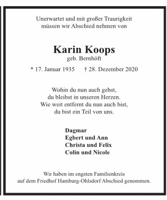 Traueranzeige von Karin Koops von Hamburger Tageszeitungen und Anzeigenblättern der FUNKE Mediengruppe