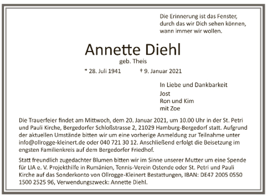 Traueranzeige von Annette Diehl von Hamburger Tageszeitungen und Anzeigenblättern der FUNKE Mediengruppe