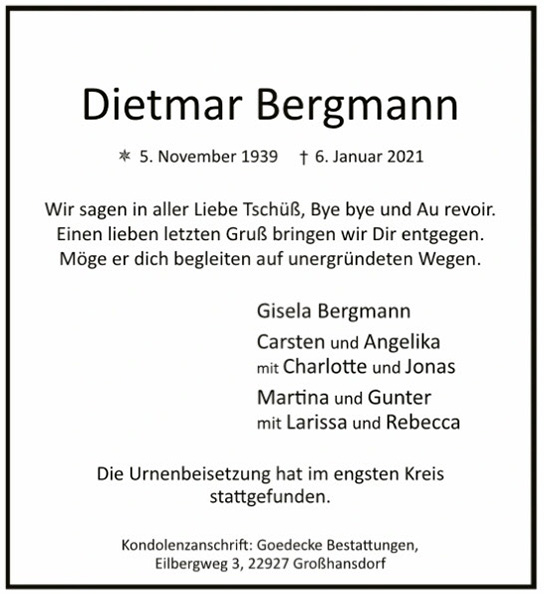 Traueranzeige von Dietmar Bergmann von Hamburger Tageszeitungen und Anzeigenblättern der FUNKE Mediengruppe