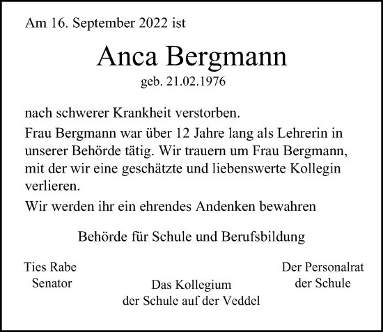 Traueranzeige von Anca Bergmann von Hamburger Abendblatt