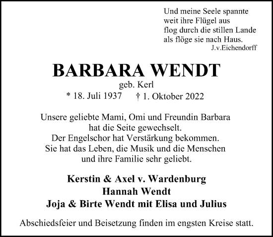 Traueranzeige von Barbara Wendt von Hamburger Abendblatt