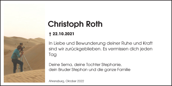 Traueranzeige von Christoph Roth von Hamburger Abendblatt