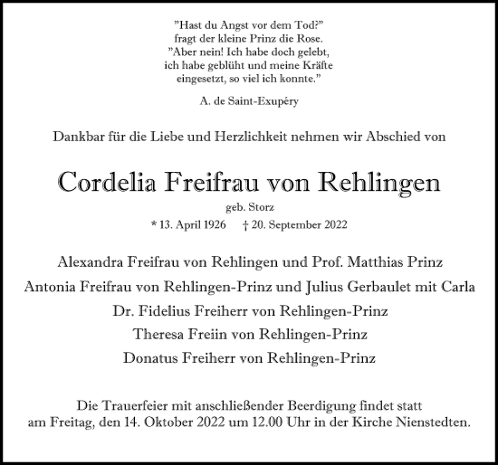 Traueranzeige von Cordelia Freifrau von Rehlingen von Hamburger Abendblatt