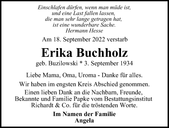 Traueranzeige von Erika Buchholz von Glinder Zeitung