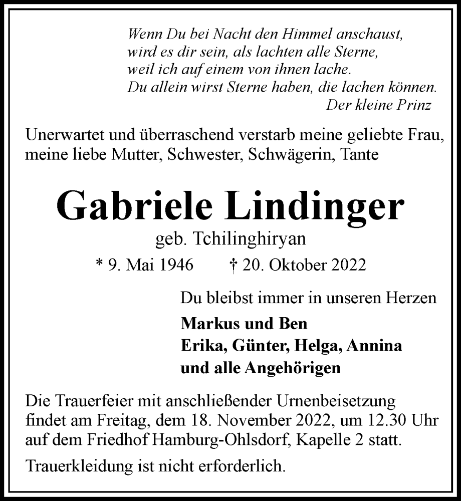  Traueranzeige für Gabriele Lindinger vom 29.10.2022 aus Hamburger Abendblatt