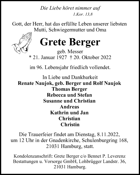 Traueranzeige von Grete Berger von Bergedorfer Zeitung